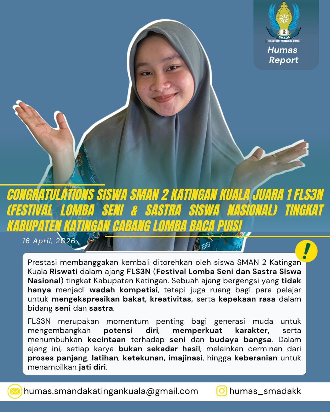 Siswa SMAN 2 Katingan Kuala Raih Juara 1 Lomba Baca Puisi FLS3N Tingkat Kabupaten