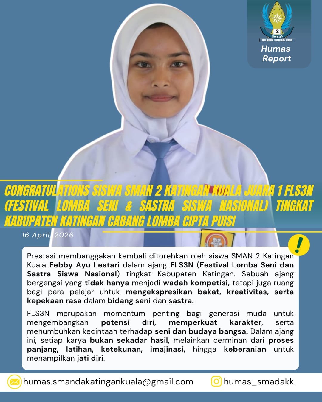 Siswa SMAN 2 Katingan Kuala Raih Juara 1 Cipta Puisi di FLS3N Tingkat Kabupaten